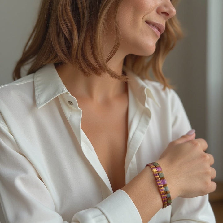 Parure Allegra - détail des couleurs et motifs en perles Miyuki Tila